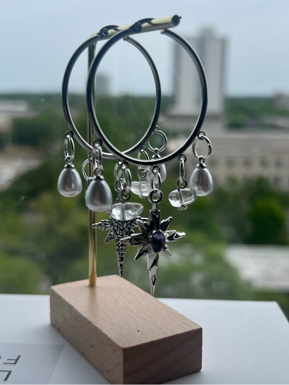 Silver Hoop Earrings with Clear Pearls and Star Charms